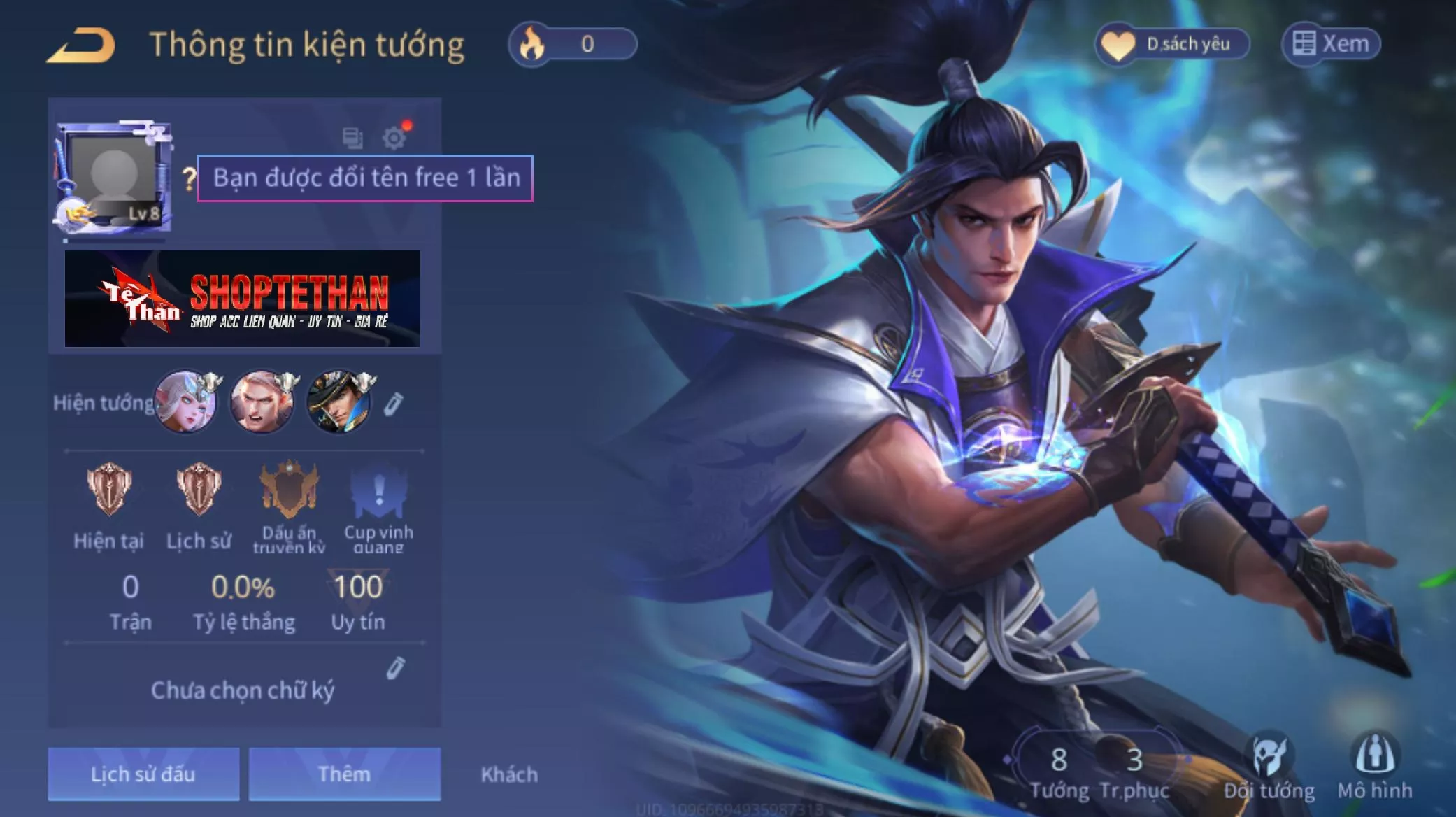 ACC REG: Ryoma samurai huyền thoại, sẵn tướng, free đổi tên, trắng thông tin